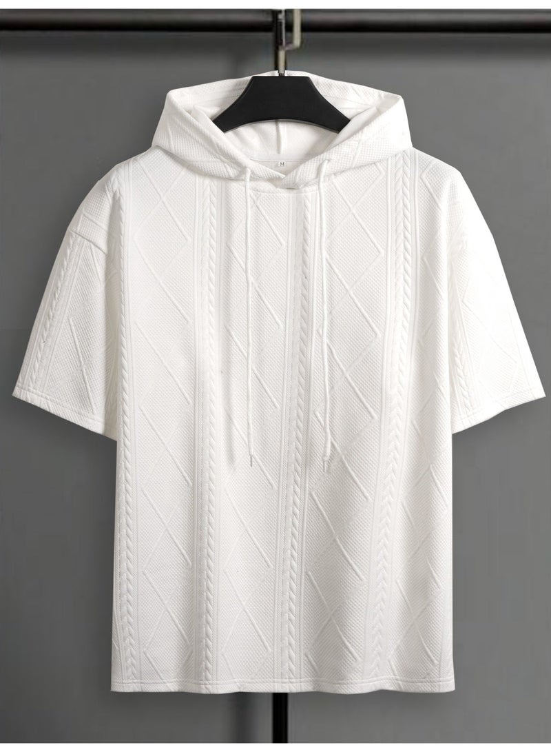 تيشيرت رجالي أبيض بغطاء رأس، بأكمام قصيرة، مزين بنسيج، برباط، مناسب للصيف - Image 4